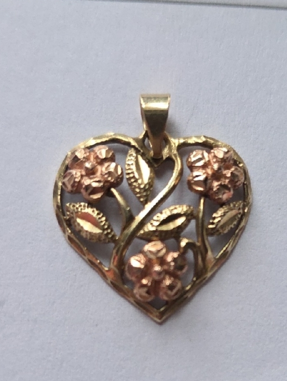 Gold Heart Pendant Necklace with Rose-Tone Floral Detail